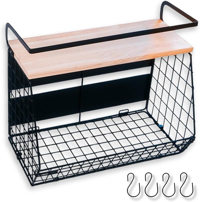 Magnetic Shelf For Fridge with Wood Lid - Fridge Magnet Organizer with 4 Hooks, Magnetic Basket for Fridge, Magnetic Storage for Refrigerator, Magnetic Spice Rack for Refrigerator