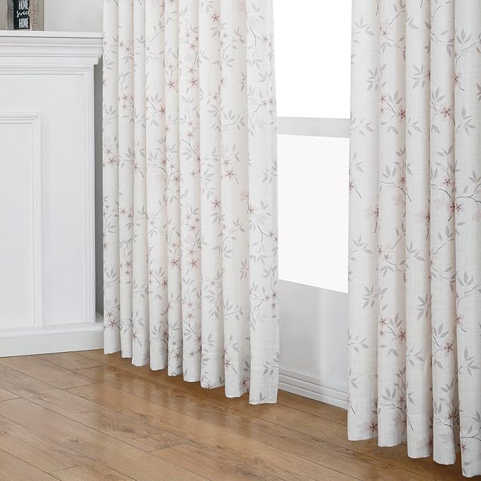 Pink Floral Pinch Pleated Linen Curtains - 2 Panels of Privacy Light-Filtering Printed Curtains Suitable for Dining Rooms and Farmhouses.60 Inches Wide by 84 Inches Long