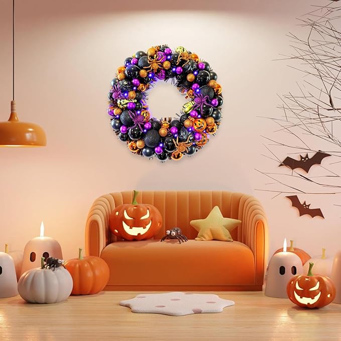17 Inch Halloween Ball Wreath for Front Door with Lights, Lighted Cute Treat-or-Trick Door Wreath Ball Ornament for Halloween Indoor Decorations Centerpiece Party Holiday Wall Home Decor
