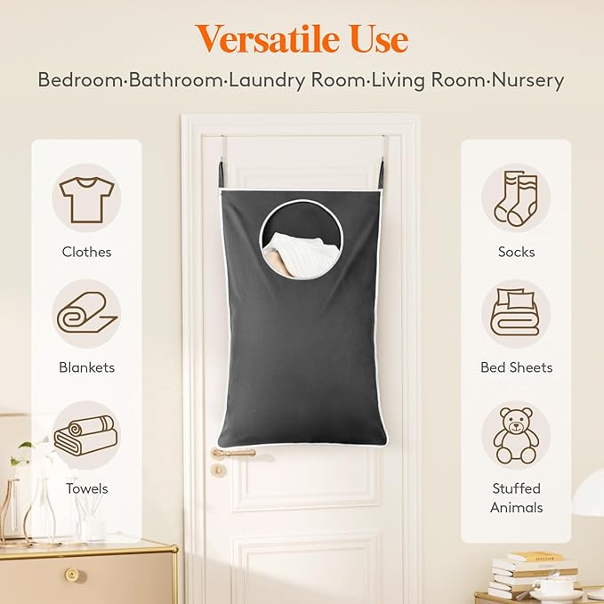 Lifewit Over Door Laundry Hamper, Large Collapsible Hanging Laundry Hamper, Hanging Laundry Basket Bag for Bathroom Bedroom Dirty Clothes Storage Organizer, Dark Gray