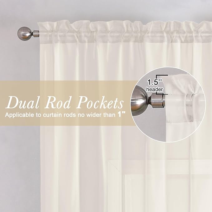 Ivory Sheer Curtains 96 Inches Long 2 Panels Set, Solid Airy Voile Dual Rod - Image 4