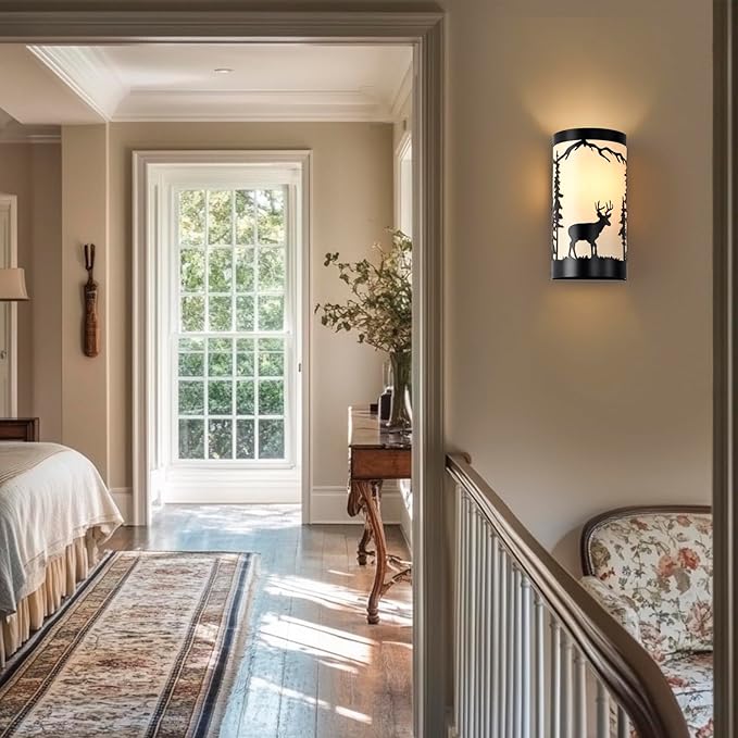 Wall Sconces Set of Two,Deer Cream White Parchment Rustic Wall Sconces,Farmhouse Black Sconce Light,Industrial Metal Indoor Wall Light Fixtures,Wall Lamps for Bedroom,Living Room,Hallway