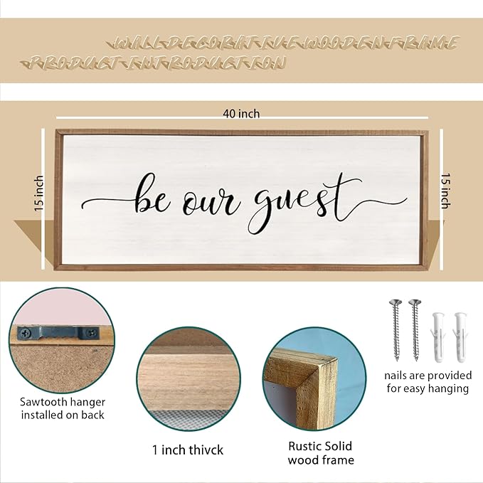 comurdyo Be Our Guest Wall Decor Sign 40”X15” Large Master Bedroom Above Bed Wall Decor Wood Framed Guest Room Sign Simple Rustic Farmhouse Over Bed Bedside Wall Art (Wood)