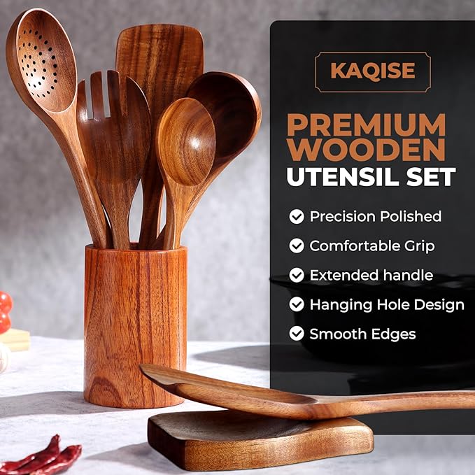 Wooden Spoons for Cooking, Kitchen Utensils Set, Wood Spatulas Soup Ladle Serving Spoons Teak Wooden Utensil Set（8 Pieces ）
