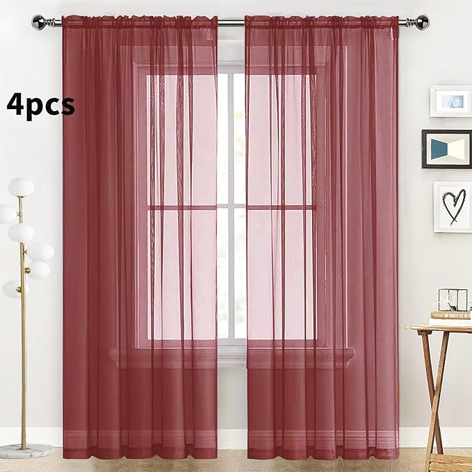 SpaceDresser Burgundy Sheer Curtains 4 Panels Rod Pocket Semi-Sheer Curtain 63 - Image 2