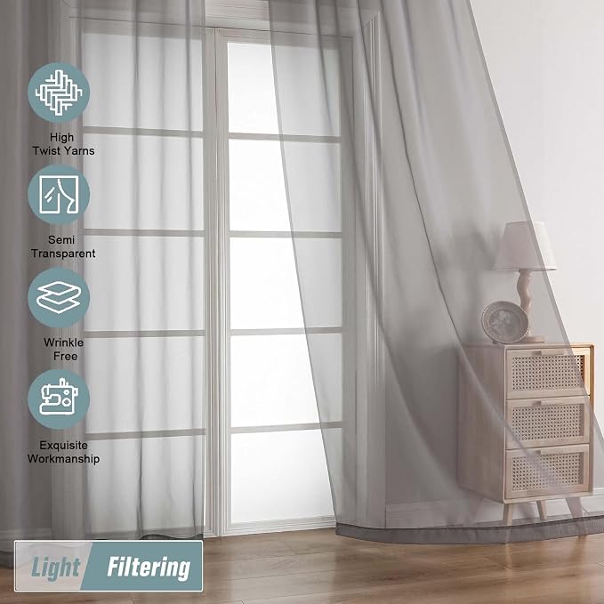 Grey Sheer Curtains 90 Inches Long 2 Panels, Light Filtering Solid Sheer - Image 5