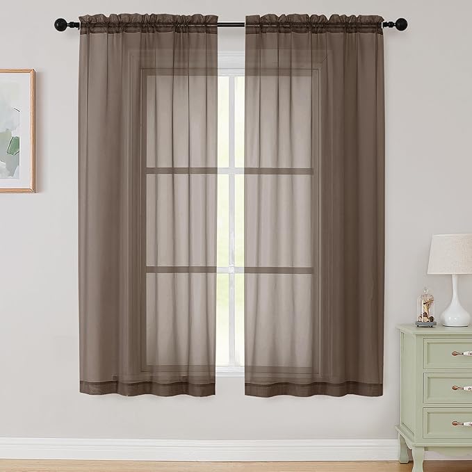 Sheer Chocolate Curtains for Bedroom Living Room 63 Inch Length 2 Panels by WelvetBLK
