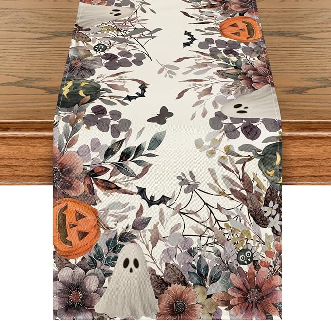 Artoid Mode Jack-O'-Lantern Pumpkin Floral Ghost Halloween Table Runner, Eucalyptus Kitchen Dining Table Decoration for Home Party Decor 13x120 Inch