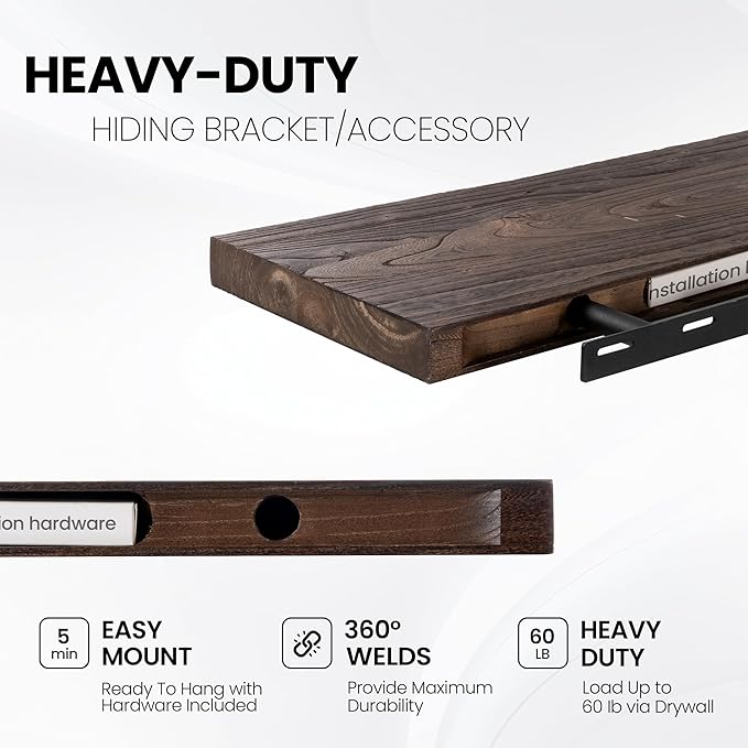 Floating Shelves for Wall, 24"x9.3" Rustic Solid Live-Edge Elm Wood Wall Shelves, Heavy-Duty Floating Shelves with Invisible Brackets, Set of 2 for Living Room, Bedroom, and Kitchen, Walnut Finish