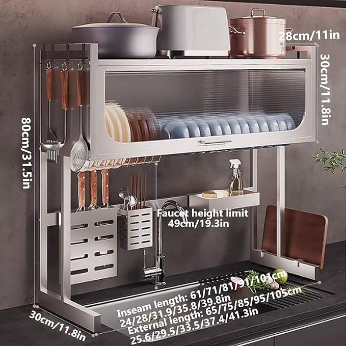 Home Furnishing Dish Rack Over Sink Stainless Steel Over The Sink Dish Drainer Drying Rack Space Kitchen Sink Rack Multifunctional countertop Dish Storage Rack Sink(Metallic,95cm/37.4in)