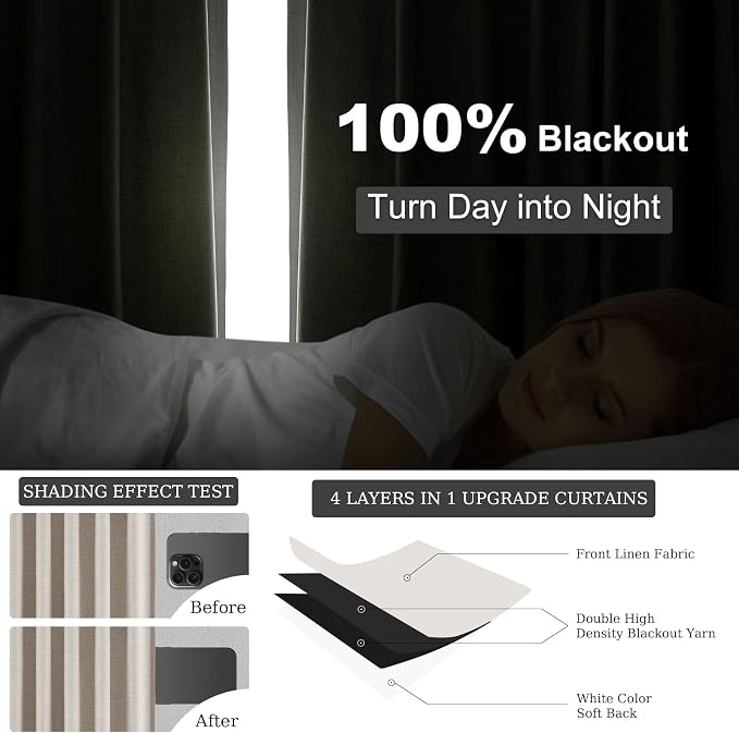 Topfinel Black Out Rustic 96 Inch Long Linen Curtains 2 Panel Set, Modern - Image 6