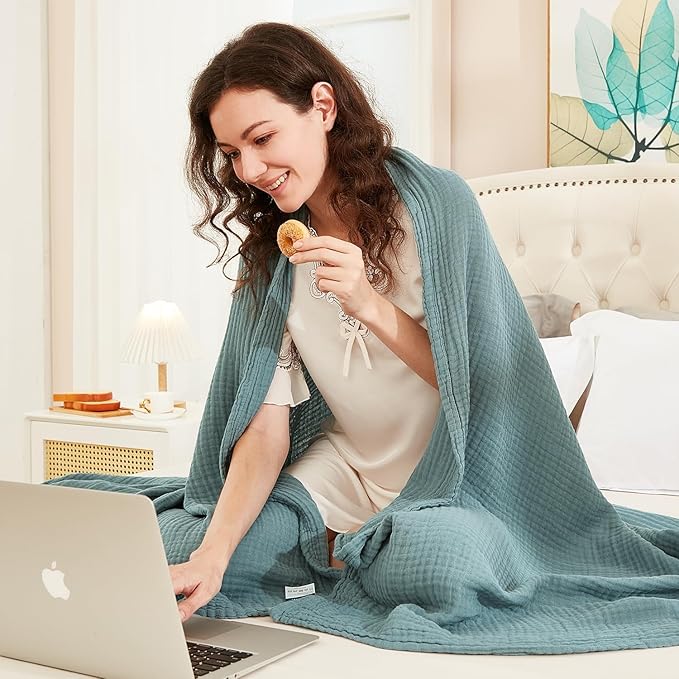 EMME Cotton Throw Blanket for Couch Soft Muslin Blankets 50"x60" Lightweight Breathable Blanket All Season Gauze Blanket, Teal