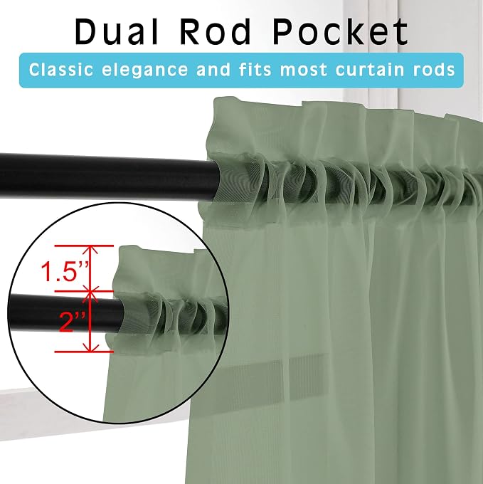 2 Panels Sheer Sage Green Curtains 54 Inches Length Window Treatment - Image 4