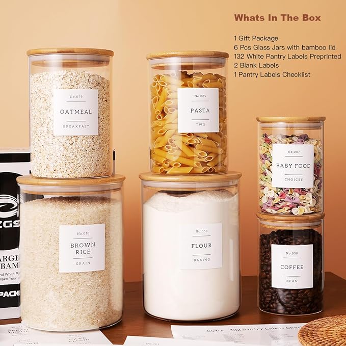 Set of 6 Glass Flour and Sugar jars with 132 Kitchen Pantry Labels - Thicken Large Glass Storage containers with Airtight Bamboo Lid - Glass Rice Canisters for Salt Coffee(100OZ/54OZ/27OZ)