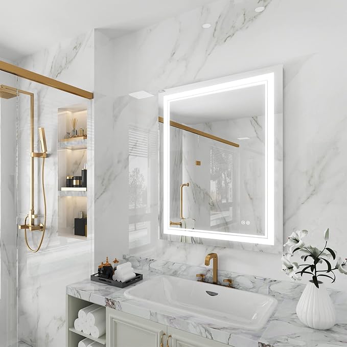 WELLFOR LED Bathroom Vanity Mirror 28 x 36 Inch, Lighted Anti-Fog Dimmable Mirror, IP44 Waterproof Wall Mounted Makeup Mirror, Packed with US Standard Plug and Touch Switch, (Horizontal/Vertical)