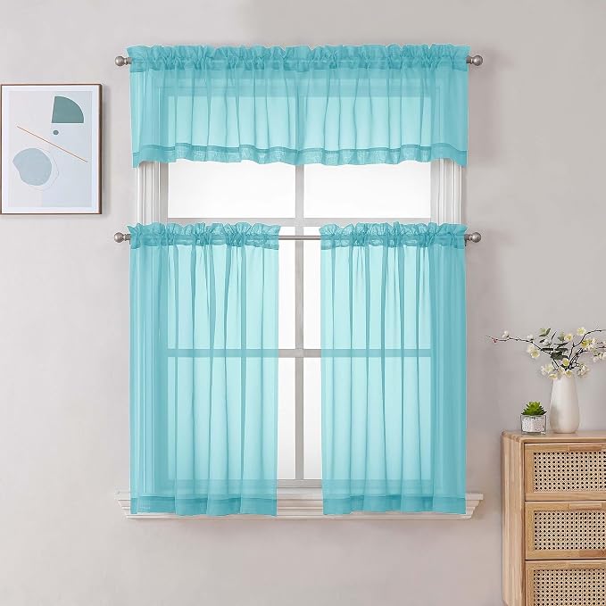 Chyhomenyc Aqua Sheer Curtains 30 inch Length 2 Panels, Light Filtering Voile - Image 2