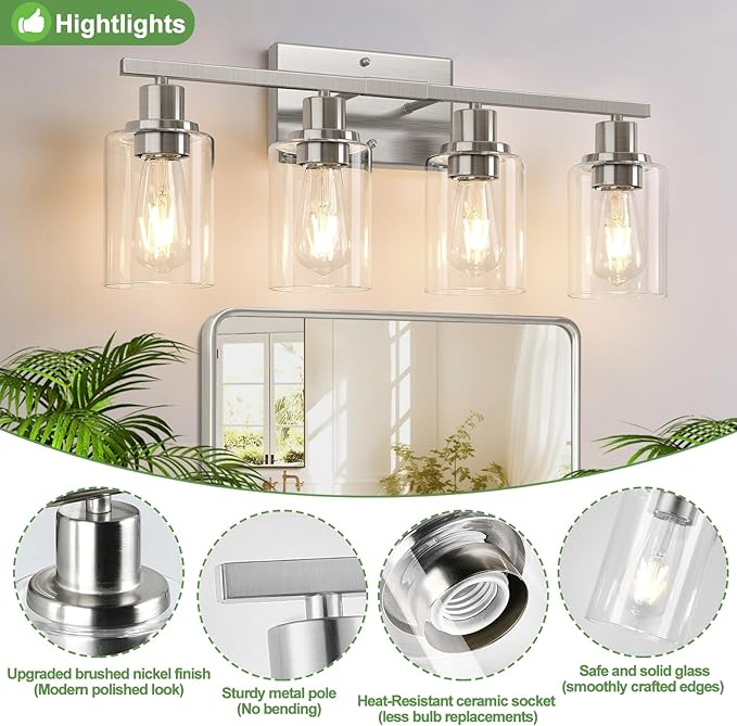4-Light Bathroom Light Fixtures, Brushed Nickel Vanity Lights with Clear Glass Shades, Modern Bathroom Wall Lamp for Mirror Living Room Cabinet Bedroom Porch
