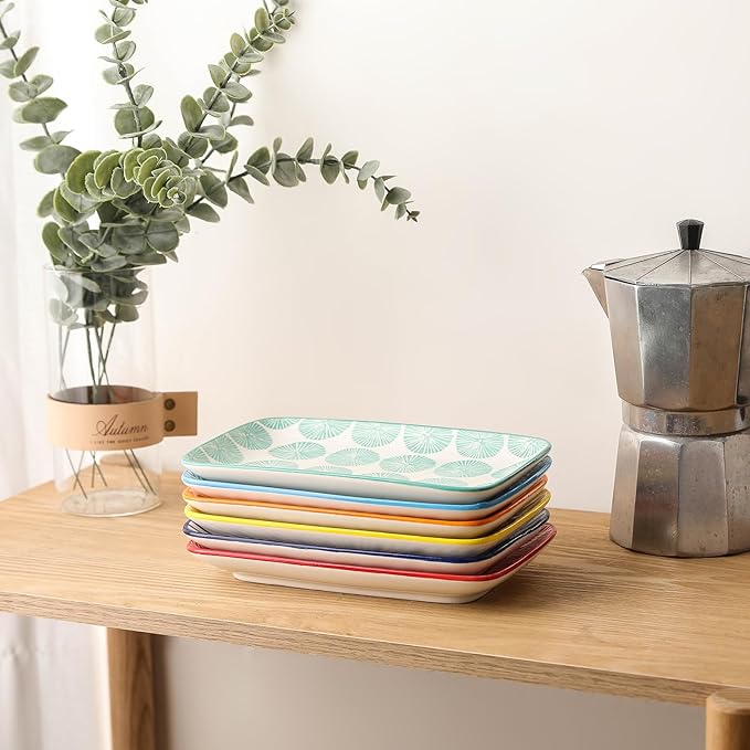 Selamica Ceramic Rectangular Salad Plates Set, Dinner Plate 9.4 Inch Dessert Plates for Party Entertaining, Small Serving Plates for Appetizers, Sushi, Fruit, Set of 4, Assorted Colors