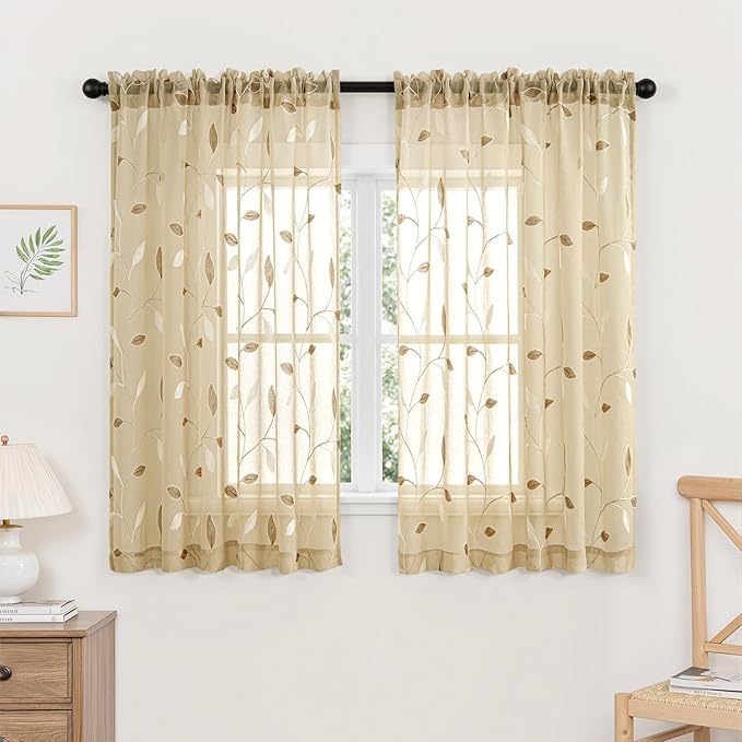 MIULEE Beige Sheer Curtains 2 Panels Embroidered Leaf Patterned Rod Pocket by MIULEE