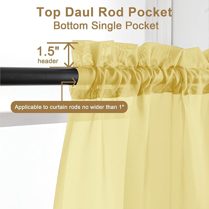 Chyhomenyc Sheer Mustard Yellow Curtains 90 inches Long 2 Panels, Light - Image 2