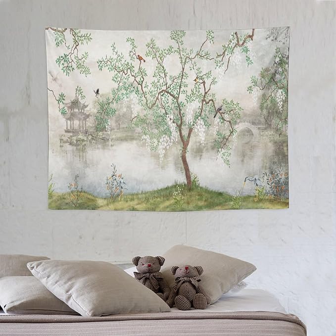 HZOHNAGO Japanese Tapestry Tree Misty Garden Lake Printed Wall Tapestry Ink Painting Wall Hanging for Bedroom Living Room Dorm 40" W x 30" H