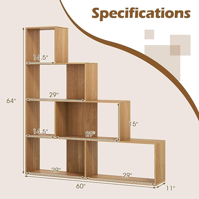 Tangkula 4-Tier Stepped Bookshelf, Freestanding 6 Cubes Ladder Bookcase with Anti-Tipping Kits, 64" Tall Modern Wooden Storage Display Rack for Home Office Living Room Study (1, Natural)
