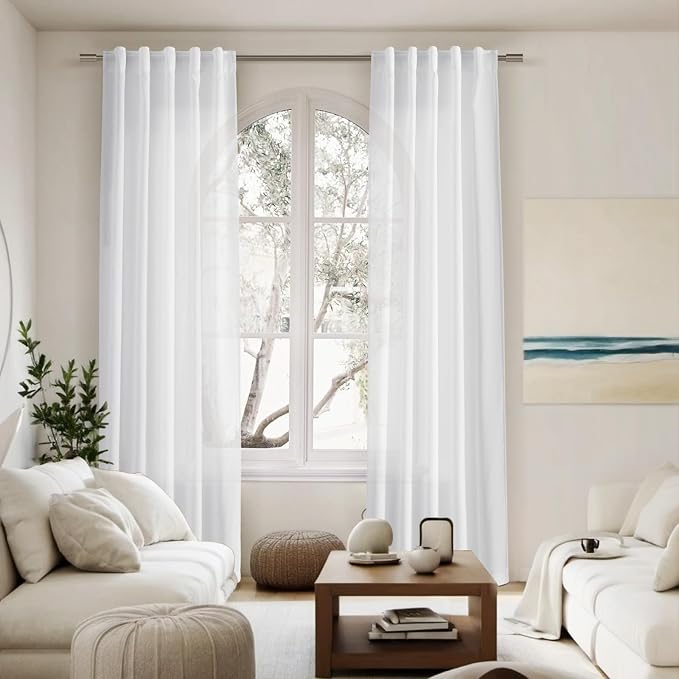 White Linen Sheer Curtains 102 Inches 2 Panels Set Back Tab Rod Pocket Extra - Image 7
