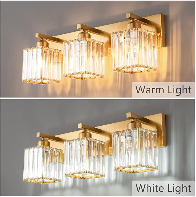 Modern Bathroom Vanity Light 3-Lights Gold Crystal Bathroom Wall Light Vanity Light Fixtures，20.47-inch Modern Minimalist Design