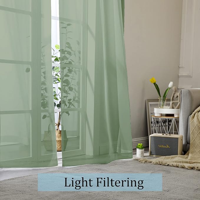 Sheer Curtains 90 Inches Long 2 Panels Set, Sage Green Sheer Curtains Rod - Image 2