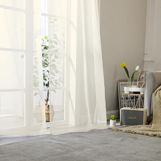 Cream Sheer Curtains 96 Inches Long 2 Panels, Elegant Light Filtering Voile - Image 2
