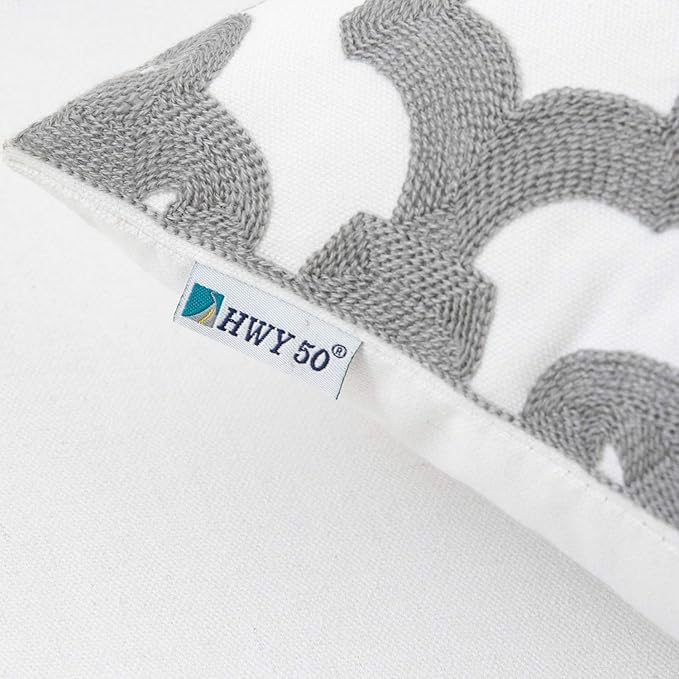 HWY 50 Grey Gray Decorative Throw Pillow Covers 18x18 Inch, Pack of 2 Embroidered Cotton Farmhouse Cushion Cover Pillow Case for Sofa Couch Living Room Bed Bedroon, Geometric Design