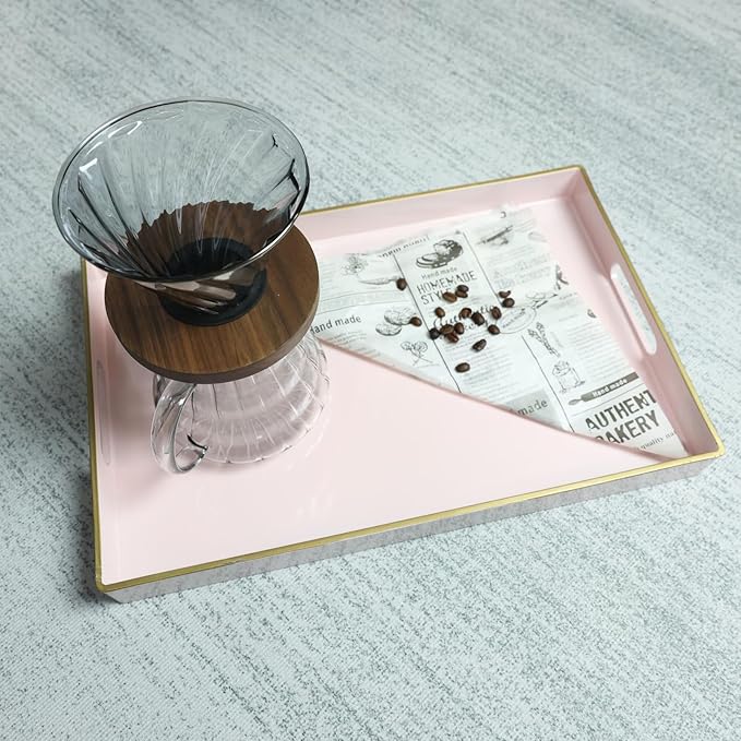 Spsyrine Pink Decorative Serving Tray with Handles, Elegant Plastic Coffee Table Tray for Ottoman, Living Room, Home Decor 15.6" X 10.2"