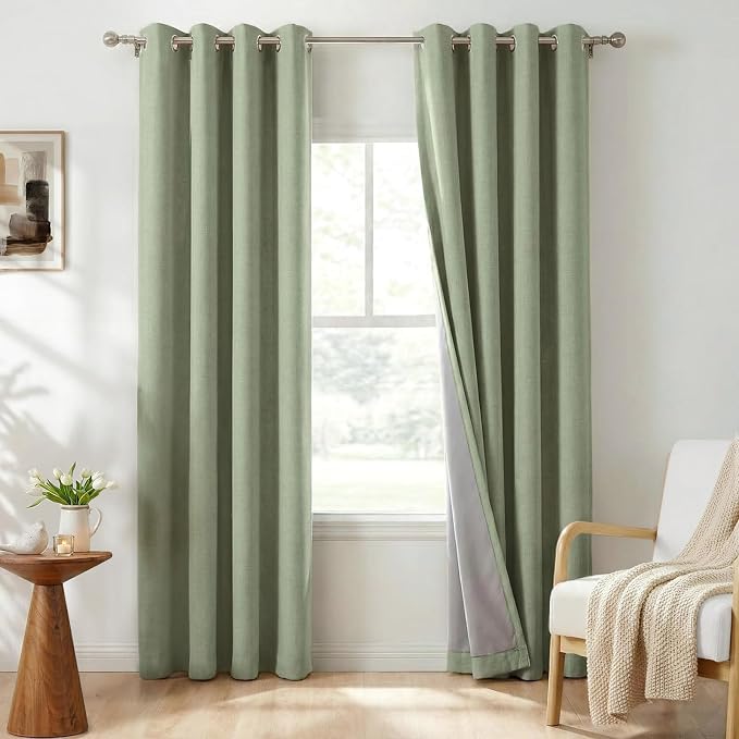 100% Blackout Linen Textured Curtains 84 Inch Long, Sage Green | 100% Blackout by 100BlackoutShield