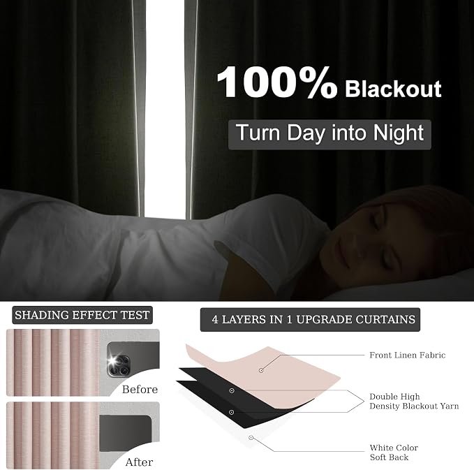 Topfinel Elegant Blush Pink 102 Inch Curtains 100% Blackout Linen Textured - Image 5