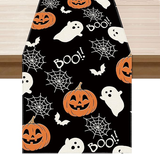 XCHI Boo Spooky Ghost Pumpkin Halloween Table Runner Burlap Table Decoration for Home Kitchen Dining Dinner Indoor Holiday Farmhouse Decor 13x120 Inch