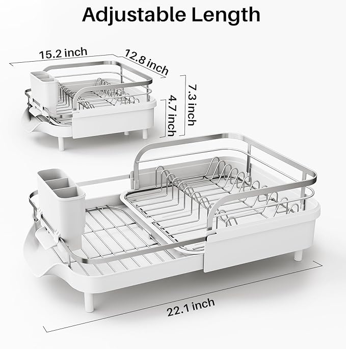 Dish Drying Rack, Expandable Dish Rack for Kitchen Counter, Stainless Steel Dish Drainer with Drainboard Set and Utensil Holder (White)