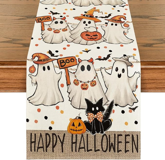 Artoid Mode Beige Ghost Jack-O'-Lantern Black Cat Halloween Table Runner,Holiday Kitchen Dining Table Decoration for Home Party Decor 13 x 90 Inch