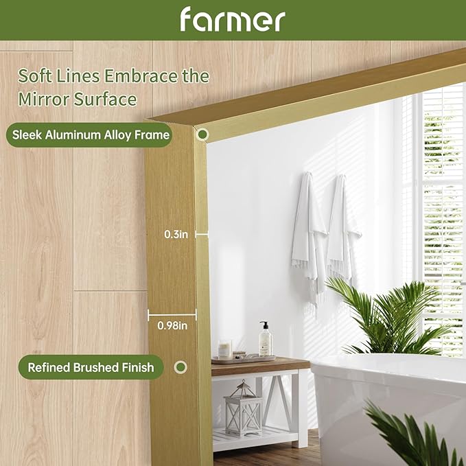 FARMER 20x30 Inch Gold Bathroom Mirror, Rectangle Wall Mounted Mirror, Vanity Mirror, Brushed Square Mirror, Framed Bathroom Mirror for Bedrooms, Entryways, Living Rooms, Horizontal/Vertical