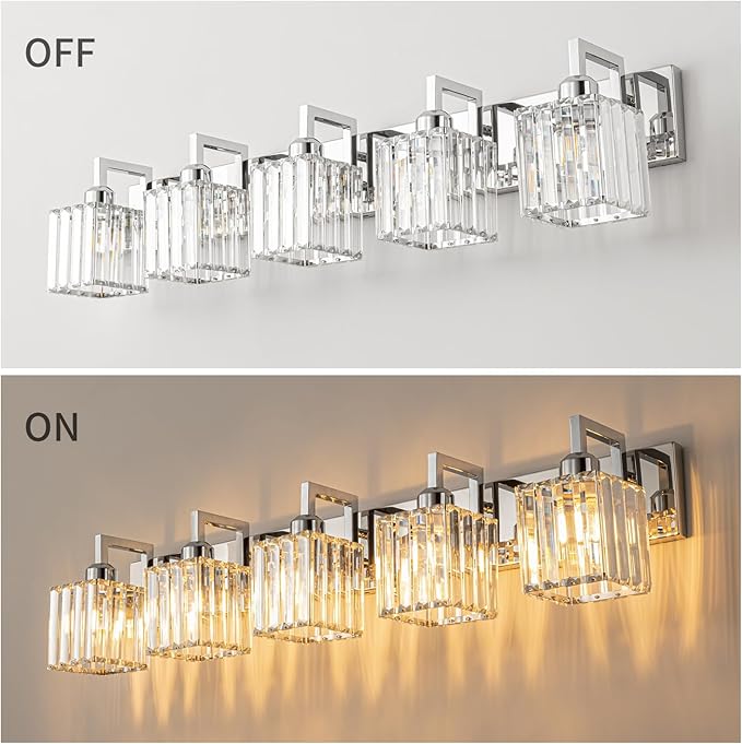 Modern Bathroom Vanity Light 5-Lights Chrome Crystal Wall Lamp Bathroom Modern Crystal Vanity Lighting