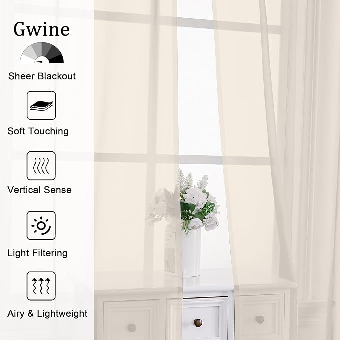 Gwine Cream Sheer Curtains 72 Inches Long 2 Panels Set - Image 2