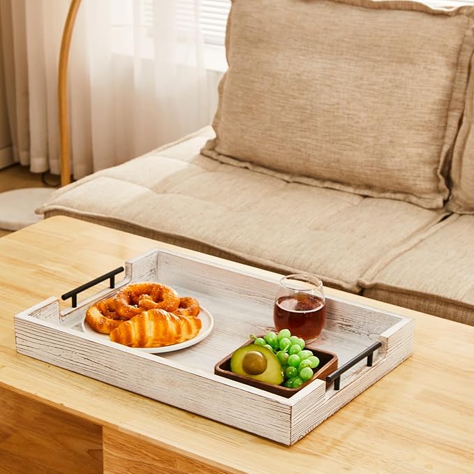 Ottoman Tray Large Serving Trays Farmhouse Decor Wooden Coffee Table Platter with Handles White Tray for Bed Kitchen Living Room 19 * 14Inch