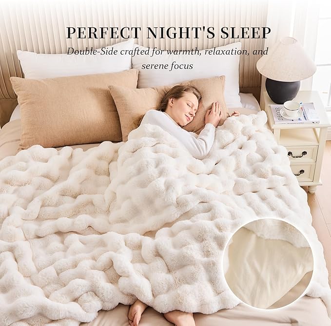 Cozy Faux Fur Throw Blanket for Couch-Warm Fuzzy Throw Blanket, Soft Plush Thick Bubble Blankets for Bedroom and Living Room, Furry Luxury Blanket, 50 x 60, Cream