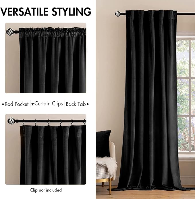 MIULEE Black Velvet Curtains 52x96 inches 2 Panels Luxury Blackout Curtains | - Image 2