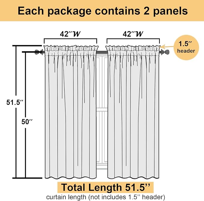 Lecloud Black Sheer Curtains 50 Inch Length 2 Pcs, Light Filtering Bedroom - Image 2