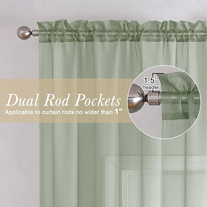 Sage Green Sheer Curtains 18 Inch Length 2 Pcs, Cafe Kitchen Curtains - Image 2