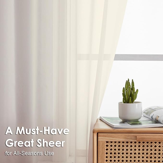 2 Panels Cream Sheer Curtains 54 Inches Length Window Treatment - Image 5