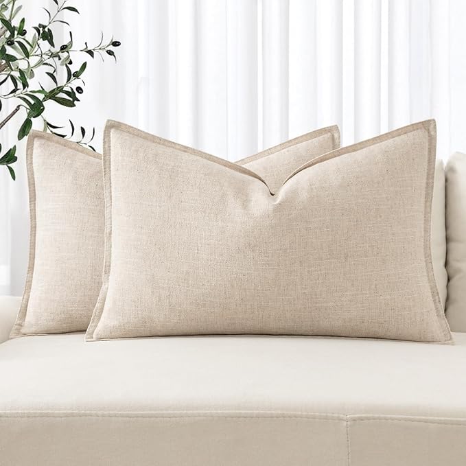 MIULEE Decorative Linen Lumbar Pillow Covers 12x20 Inch Natural Beige | Boho by MIULEE