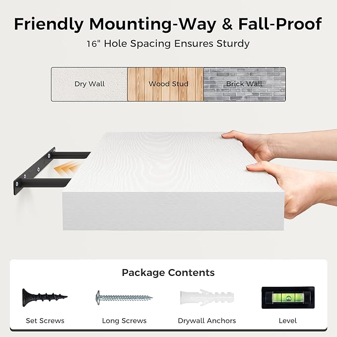 12 Inch Deep White Floating Shelves, 24 x 12 Floating Shelf for Books, Rustic Wood Deep Wall Shelves for Home Storage & Display, 2" Thicked Shelves for Kitchen, Living Room, Bedroom, 2 Pack