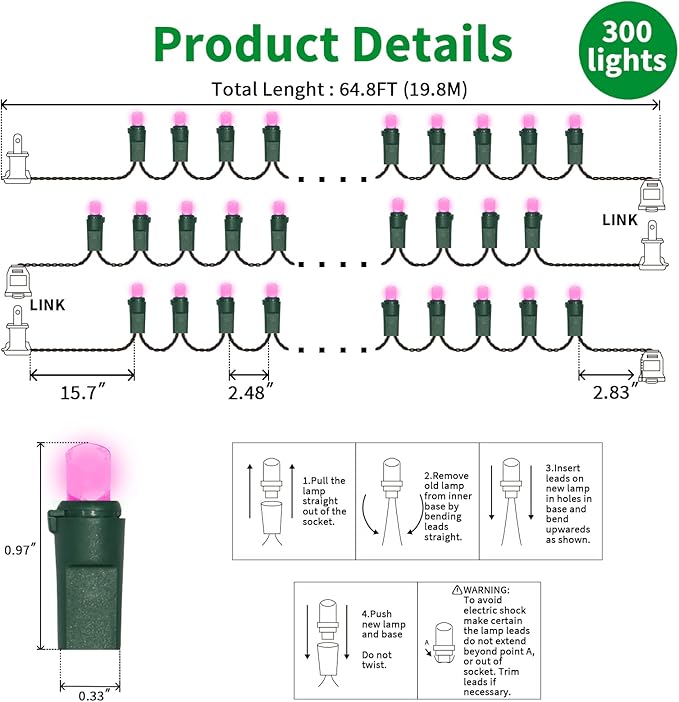 Pink Wide Angle LED String Lights, 64.8 Ft 300 Count, Pack of 3 Strands 21.9 Ft 100 Lights UL Certified Commercial Grade Green Wire 5mm Holiday String Light