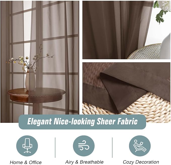 Chocolate Sheer Curtains for Window 96 Inches Long 2 Panels Set, Soft Airy - Image 4